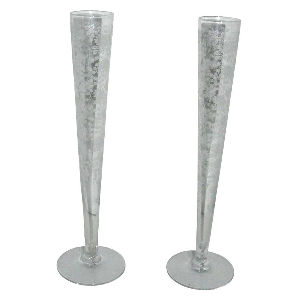 Rare 2 Clear Glass Etched Floral Bud Vases Cherokee Rose Tiffin Franciscan MCM V